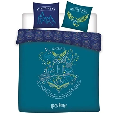 Imagen de Parure de Lit Double réversible Harry Potter Blason Hogwarts Bleue et Vert 220 cm x 240