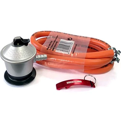 Imagen de Kit Homologado de Manguera Butano y Regulador Gas (CE con Certificación Europea) + 2 Abrazaderas Llavero Regalo (Manguera 1.5mts 30 mBar)