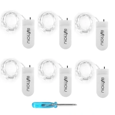 Imagen de BXROIU 6 x Guirnaldas de luces a pilas, alambre plateado cadenas 2 metros 20 LEDs,para decorar dormitorios,jardines,fiestas,Navidad,Halloween,bodas y más.(Blanco frio)