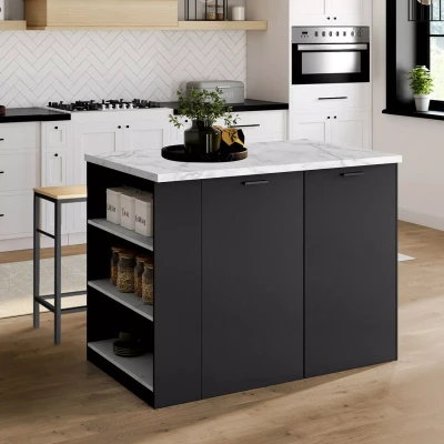 Imagen de IDMarket Ilot Central TIBO 120 cm madera negra con encimera efecto mármol Alaska