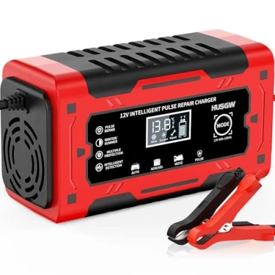 Imagen de Husgw Cargador de Baterias,Cargador Batería Coche Inteligente 12V6A,con Pantalla Táctil LCD y Múltiples Protecciones,Cargador para Automóviles,Moto,Camión,AGM, Gel, SLA