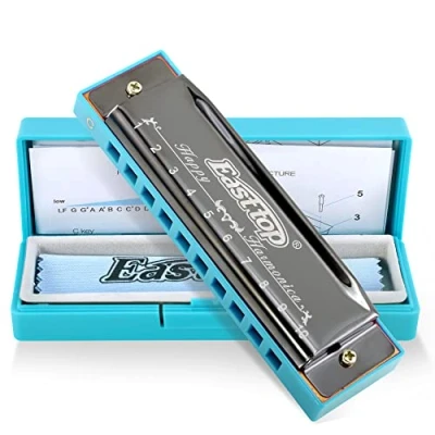 Imagen de East top Blues Harmonica para niños, 10 agujeros diatónicos con llave C, órgano de boca armónica feliz principiantes, estudiantes, funda plástico