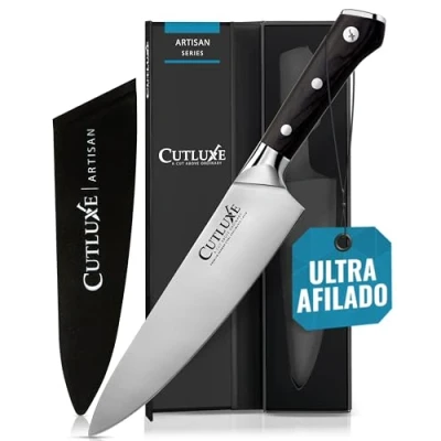 Imagen de Cutluxe Cuchillo de chef 20 cm cocina con funda Hoja afilada acero alemán alto carbono Mango ergonómico y diseño espiga completa Serie Artisan