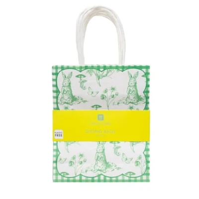 Imagen de Talking Tables Bolsas de papel regalo Pascua con estampado Toile du Jouy para caza huevos, cumpleaños, celebraciones, recuerdos fiesta, bonito diseño conejo, paquete 8, verde