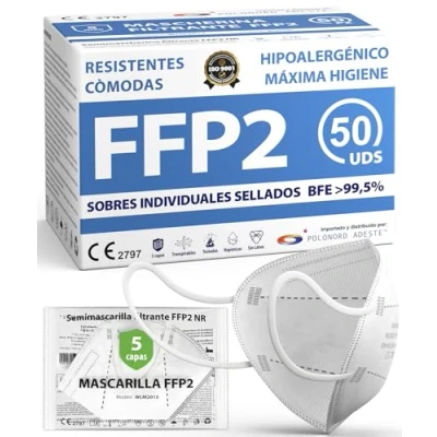 Imagen de ADESTE 50 Mascarillas FFP2 Blancas con Certificado CE, cadena controlada, elásticos cómodos, hipoalergénicos y regulables. Seguras: potencia de filtrado BFE &gt;99,5%. Sobres individuales sellados