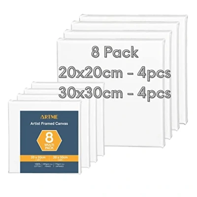 Imagen de Artme Lienzos preestirados 8 piezas (20x20CM 4pk, 30x30CM 4pk) de artista/ 280GSM 100% algodón/blanco/triple imprimado/libre ácido/grano medio/ 1.7cm acrílico/aceite