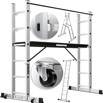 Imagen de MASKO® andamio, Andamio ✓ Aluminio Escalera Plataforma de Trabajo, Capacidad Carga hasta 150 KG, Revestimiento Antideslizante, Comprobado GS (EN 131), Plata