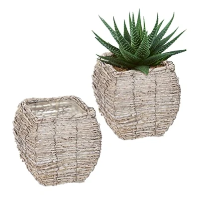 Imagen de Relaxdays Maceta, Set 2, Ratán, Macetero con Plástico, 20 x cm, Cestas para Plantas de Interior, Blanco/Natural, Hierro