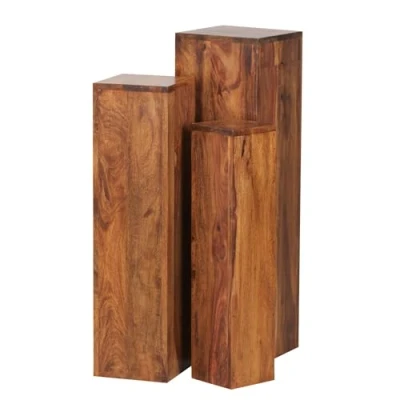 Imagen de WOHNLING Mesa de 3 mesas madera maciza WL1.566 24,5x85x24,5 cm Sheesham natural producto auxiliares real Columnas decorativas Tres marron Taburete flor moderno