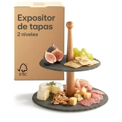 Imagen de Expositor de Tapas 2 Niveles en Pizarra y Madera Acacia 𝗙𝗦𝗖® Soporte Redondo para Postres, Frutas Tartas Perfecto Fiestas Decoración