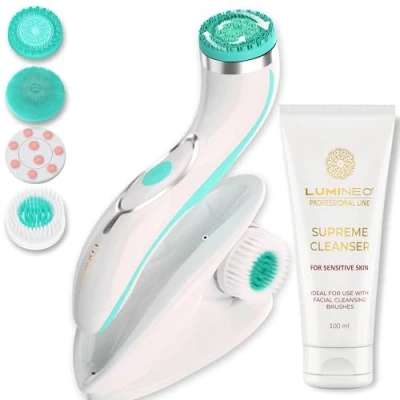 Imagen de Lumineo PRO limpieza facial profunda, cepillo con 4 accesorios, USB C, IPX6 resistente al agua, gel limpiador a juego para pieles sensibles (turquesa)