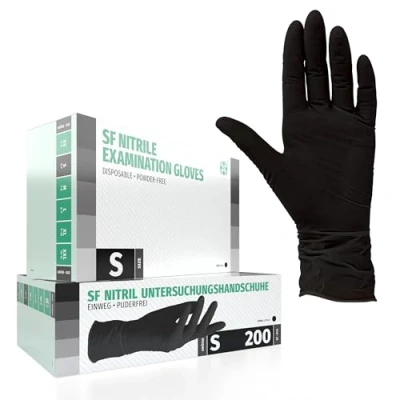 Imagen de SF Medical Products guantes de nitrile 200 piezas (S, Negro) sin polvo desechables, látex examen, no estériles
