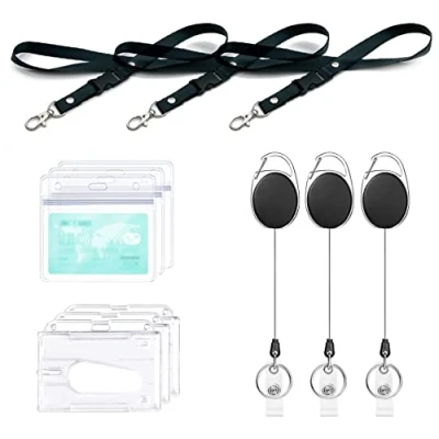 Imagen de Porta cordón retráctil, con portatarjetas, 12 piezas incluye clip carrete, cordón, Diáfano Badge titulares y a Prueba agua,para Tarjeta tráfico, crédito (3 Set)