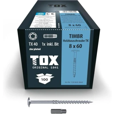 Imagen de TOX Tornillos para construcción de madera TIMBR TK 8,0 x 60 mm, galvanizados en azul con cabeza disco, TX40, 100 unidades una caja, incl. 1x broca, 112080418060