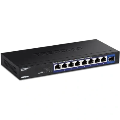 Imagen de TRENDnet TEG S5091 Conmutador 2.5G no administrado de 9 Puertos con Puerto SFP+ 10G, 8 2.5GBASE T, Capacidad conmutación 60 Gbit/s, sin Ventilador, Montaje en Pared, Negro