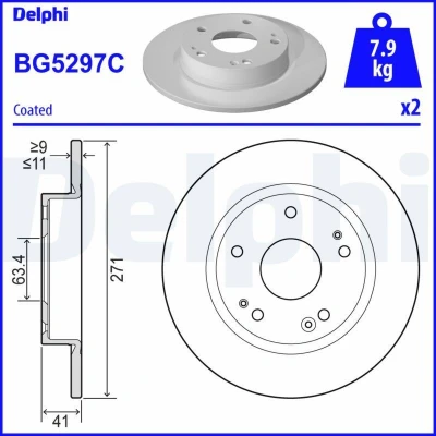Imagen de DELPHI BG5297C Disco de freno 271 11 5 macizo revestido sin procesar cojinete rueda, anillo sensor ABS FORD: Focus Mk4 Hatchback