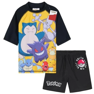 Imagen de Get Trend Pokemon Conjunto de Bañador Niño Natacion Adolescente Pikachu Genga 2 Piezas Camiseta y Pantalones Cortos (7 8 Años, Negro Pokemon)