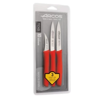 Imagen de Arcos Set 3 Cuchillos Peladores. Peladores Acero Inoxidable y Mango Ergonómico Polipropileno para Cortar Frutas, Verduras Tubérculos. Serie Nova. Color Rojo.
