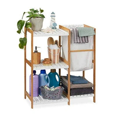 Imagen de Relaxdays Estantería de baño con cesto la Colada, Abierto, pie, Bambú y MDF, 76 x 65,5 33 cm, Marrón &amp; Blanco, Tablero Fibras
