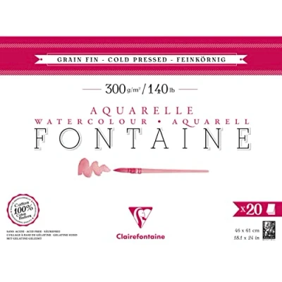 Imagen de Clairefontaine 975504C Bloc Pegado 4 Caras Fontaine 20 Hojas Papel Acuarela Blanco 100% Algodón Grano Fino Calidad Profesional 46x61 cm 300g
