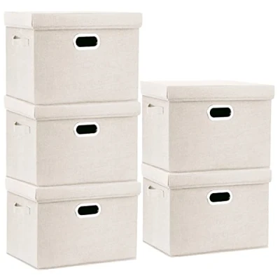 Imagen de TYEERS Grandes Cajas de Almacenaje con Tapa, Tela, Lavable, Organizadoras, 44x30x29 cm, Juego 5, Beige