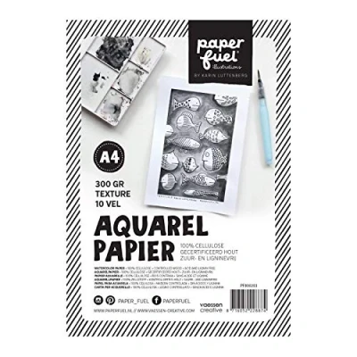 Imagen de Paperfuel PF800203 A4, blanco, papel texturizado de 300 g/m hojas para acuarela, mano y letras con pincel, Madera, 10 Stk