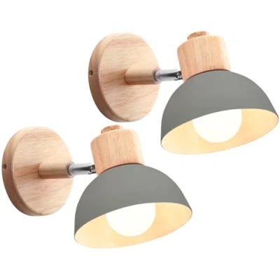 Imagen de iDEGU 2 Piezas Apliques de Pared Moderno, Lámparas para Dormitorio Simple E27 Iluminación Interior Luz en Madera Hierro Ajustable Foco Pasillo Salón Cafetería (Gris)