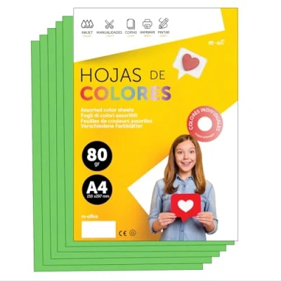 Imagen de Folios De Colores A4 80g Para Impresoras y Manualidades, Papel Surtido Niños, Paquete Tarjetas, Escuela Proyectos Creativos · m office (250h, Verde)
