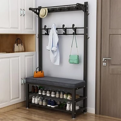 Imagen de Perchero de Pie Industrial, Recibidor con 3 Capas Estantería, Zapatero Banco, Ganchos Extraíbles, para Pasillo, Baño, Entrada, Sala Estar