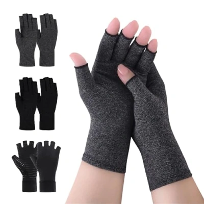 Imagen de DALAETUS 3 Pares Guantes de Compresión y Artritis, Alivio Del Dolor Calor, Con Cobre sin Dedos Alivian el Reumatoide, RSI, Túnel Carpiano (Gris, Negro)