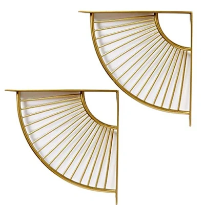 Imagen de 2 Piezas Soportes de Estante Flotante Decoración Soporte Hierro Forjado para Baldas Form Abanico Metal Dorado Escuadras Pared Estantería Triangular(30cm)