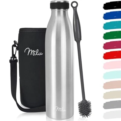 Imagen de Milu Termo Botella de Agua 500ml, 750ml, 1l Acero Inoxidable Aislamiento Vacío Doble Pared Libre BPA (Negro, 750ml)
