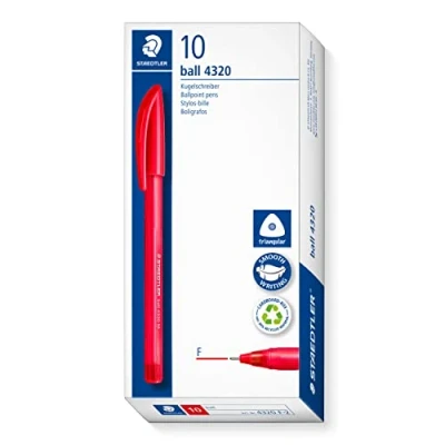 Imagen de STAEDTLER Bolígrafo triangular, color de escritura rojo, ancho línea F aproximadamente 0,7 mm, para una relajada, 10 bolígrafos rojos en estuche cartón, 4320 2