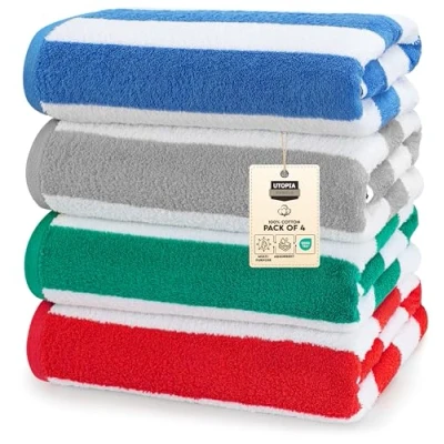 Imagen de Utopia Towels Toallas de Playa a Rayas Cabana Paquete 4 (76x152cm) 100% Algodón Hilado en Anillos Piscina Grandes, Suaves y Secado Rápido (Azul, Gris, Rojo Verde)