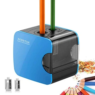 Imagen de AOBETAK Sacapuntas eléctricos con tanque, USB y alimentado por pilas, Afilador automático eléctrico resistente para lápices de colores No.2