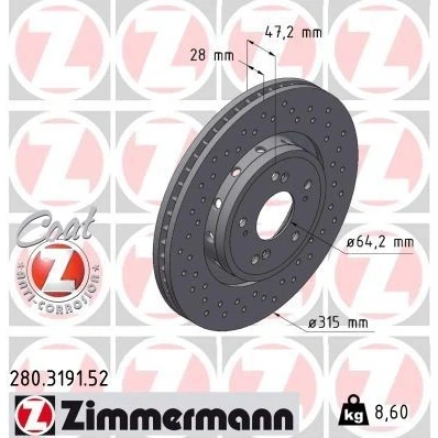 Imagen de ZIMMERMANN 280.3191.52 Disco de freno 315 28 9/5 5 114 ventilación externa, perforado revestido HONDA: CR V 4