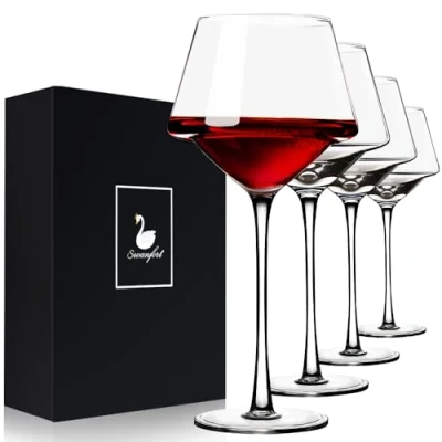 Imagen de Swanfort Juego de 4 copas vino tinto con accesorios vino, vidrio soplado a mano, burdeos sin plomo, vasos tazón grande en caja regalo, 15 onzas