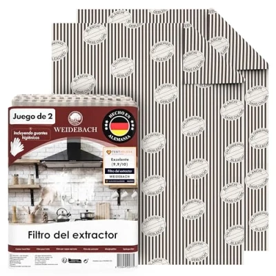Imagen de WEIDEBACH® 2 filtros planos para campana extractora (filtro de grasa), 57 x 47 cm, 1 mm grosor, se puede cortar, con indicador saturación, rendimiento filtrado superior, 100% compostable,