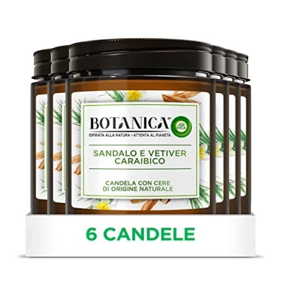 Imagen de Airwick Botanica Vela con cera de origen natural, 6 velas perfumadas 205 g fragancia sándalo y vetiver caribeño, ambientador para ambientes