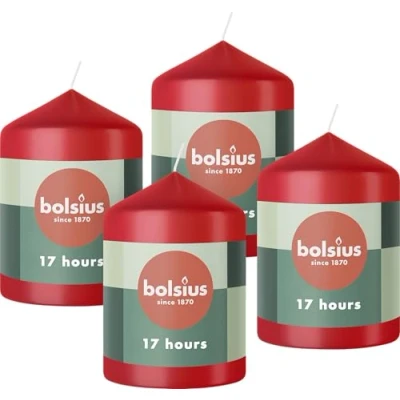 Imagen de Bolsius Pillar Candles Velas decorativas para el hogar, color rojo, 4 unidades, 8 x 6 cm, larga duración de combustión 17 horas, sin perfume, cera vegana natural, aceite palma,