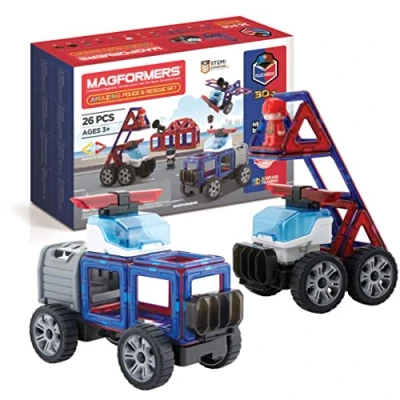 Imagen de Magformers Amazing Police And Rescue Magnetic Building Blocks Tile Toy. Makes Cars Buildings In A Theme. STEM Toy For Children Aged 4+. With Character Car.