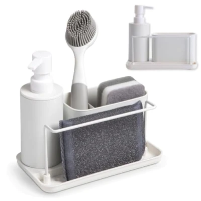 Imagen de Kook Time Dispensador Jabón Cocina plástico Blanco Mate Organizador de Fregadero con Compartimento para Estropajo y cepillos Soporte bayeta dosificador jabon 21x12x19 cm.