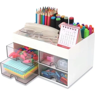 Imagen de KAHEIGN Organizador de Escritorio con 4 Cajones, 19CM x 14CM Multifuncional Portalápices Gran Capacidad Maquillaje para Oficina Escuela Hogar Mesa (Blanco)