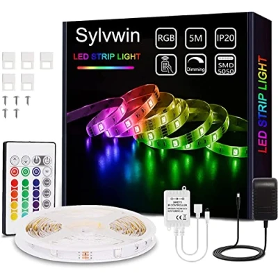 Imagen de sylvwin Tiras LED, de Luces LED RGB 5m con Control Remoto,Tiras Luz 16 Cambios Color y 4 Modos para el Hogar, Dormitorio, TV, Decoración Gabinetes, Fiesta