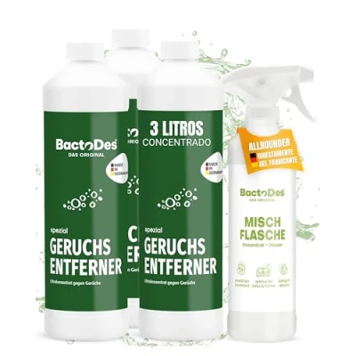 Imagen de BactoDes Neutralizador de olores especial 3L concentrado con botella mezcladora en spray Limpiador enzimático universal efecto biomicrobiano Eliminador todo tipo