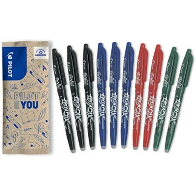 Imagen de Pilot Frixion Ball Bolígrafos roller de tinta borrable con termosensible, recargables, plástico reciclado. Juego 10 en azul/negro/rojo/verde, punta mediana. Bolígrafo mágico