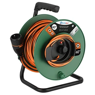 Imagen de Electraline 208666 alargador para jardín con enrollador (40M 3G1,5 mm, hembra, francés, sistema de bloqueo que evita la desconexión enchufe, color negro y naranja