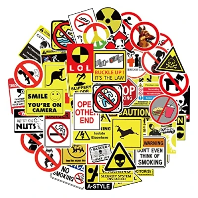 Imagen de MARSFORCE Juego de 50 pegatinas advertencia precaución, resistentes al agua, para portátiles, botellas monopatín, equipaje, coche, moto, bicicleta, guitarra, PS4, maletín, snowboard