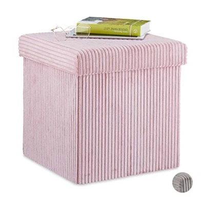 Imagen de Relaxdays Taburete, Plegable, Banqueta con Espacio de Almacenamiento, Pana, Cuadrado, Tapa, 38 x cm, Rosa, Tablero Fibras, 1 Unidad