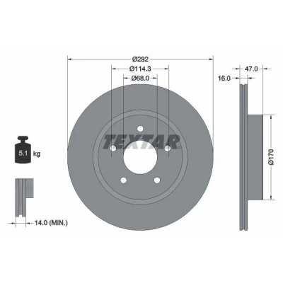 Imagen de TEXTAR PRO 92278103 Disco de freno 292 16 05/05 114,3 ventilación interna revestido sin perno sujeción rueda, buje rueda NISSAN: X Trail